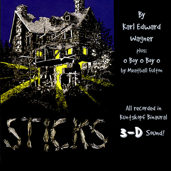 Cover of Sticks by ZBS - features creepy illustration by Brad Johannsen of an abandoned farmhouse surrounded by stick assemblages, illumined from within by a strange light.